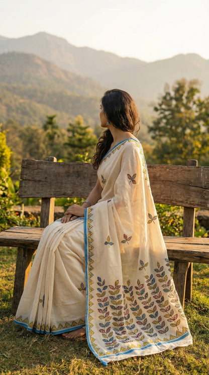 Woman in a white-blue-kota-doria-saree, sitting on a wooden bench in a scenic outdoor setting.
