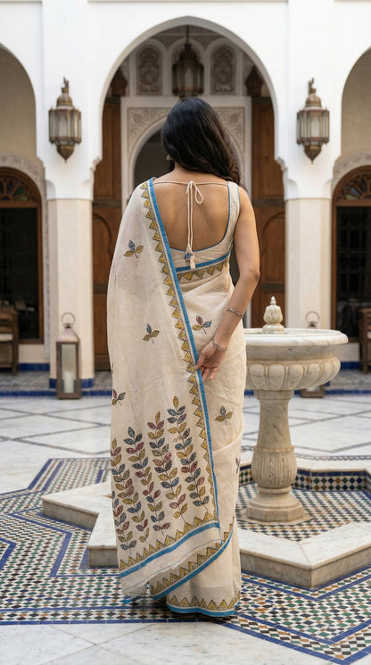 Woman in a white-blue-kota-doria-saree, standing in an ornate courtyard