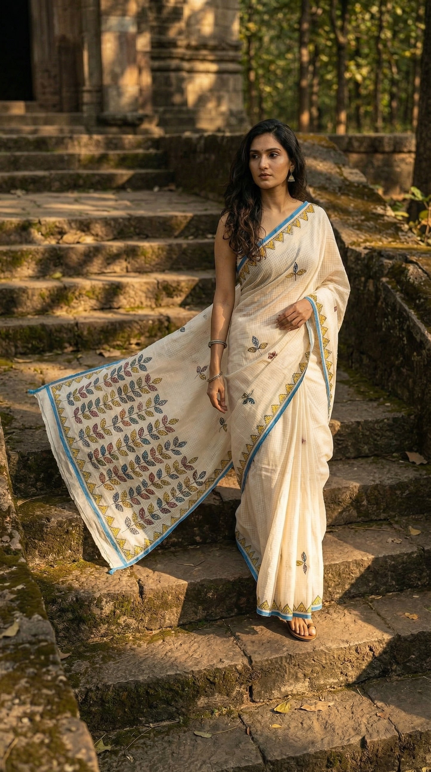 Woman in a white-blue-kota-doria-saree, standing on stone steps with a natural background