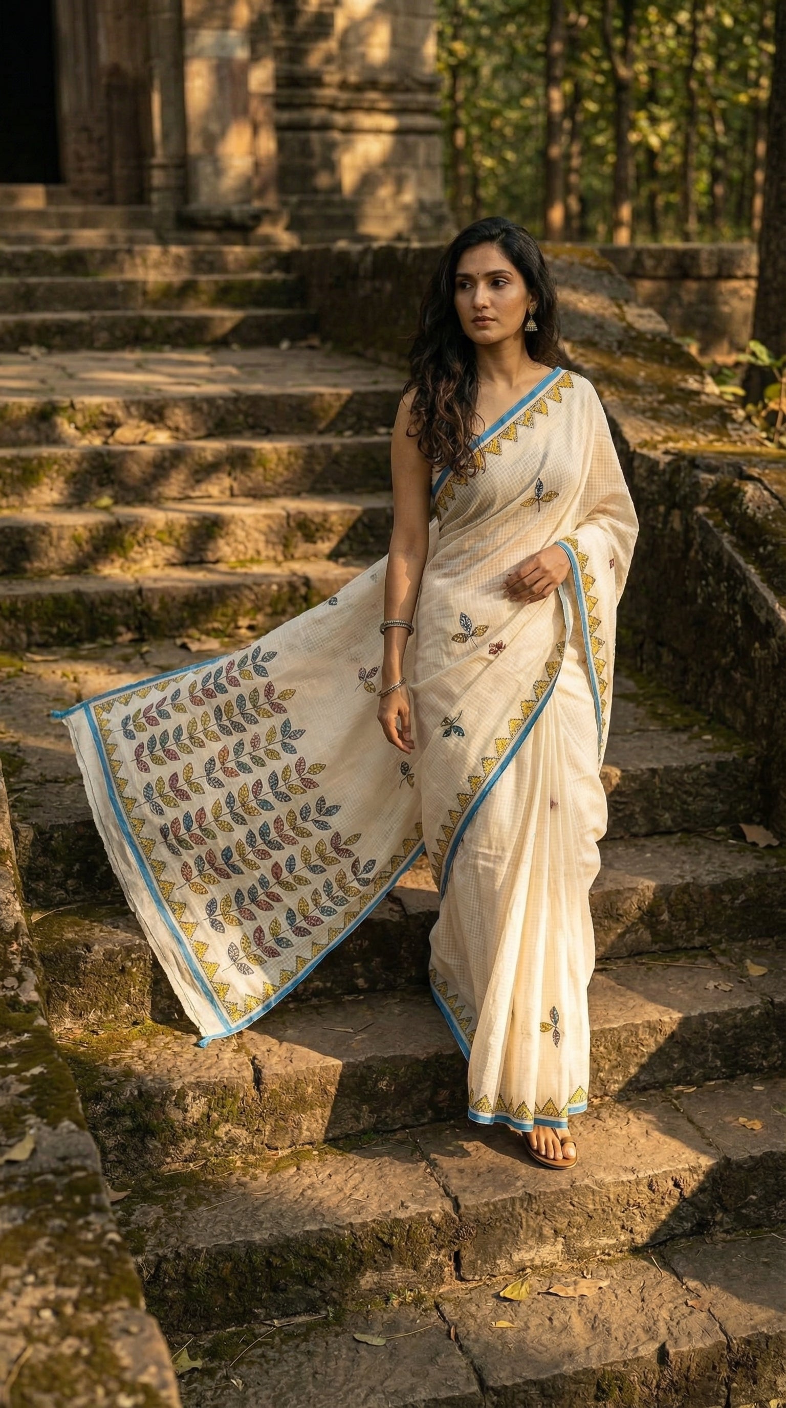 Woman in a white-blue-kota-doria-saree, standing on stone steps with a natural background