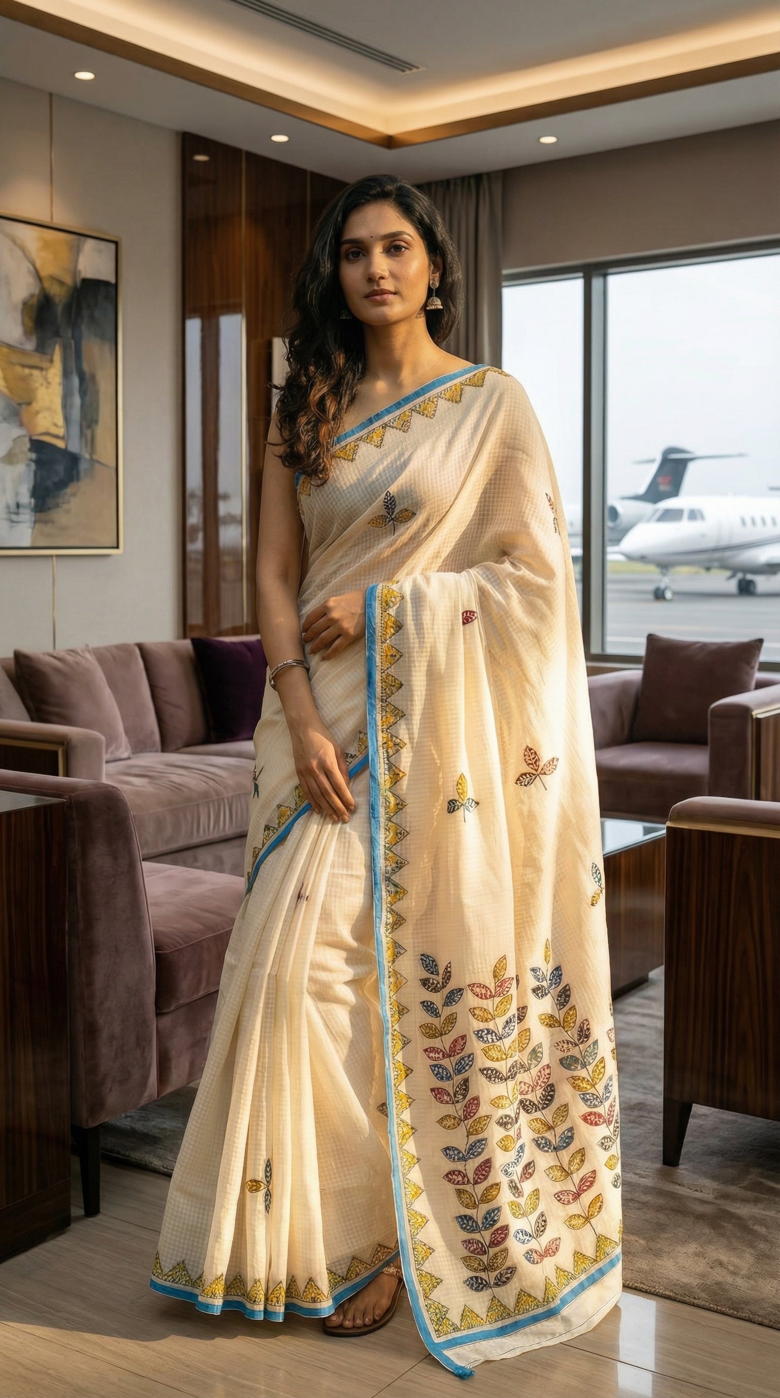 Woman in a white-blue-kota-doria-saree, standing in a modern living room.