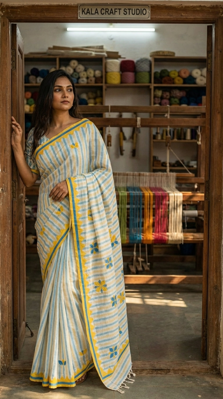 Woman in a white-blue-yellow-applique-saree, standing in a craft studio.
