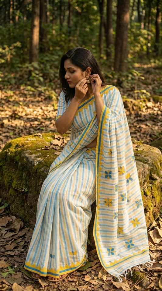 Woman in a white-blue-yellow-applique-saree, sitting on a rock in a forest