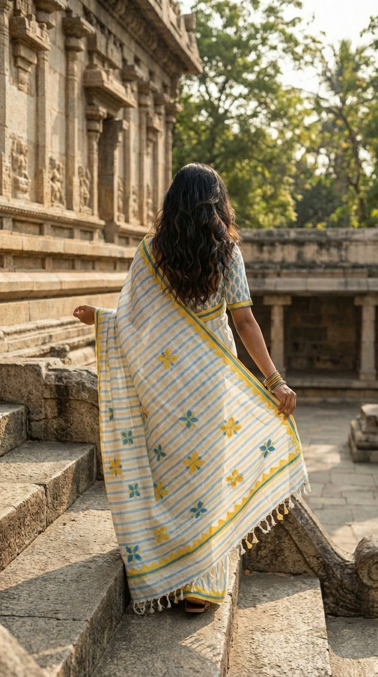 Woman in a white-blue-yellow-applique-saree, standing on stone steps with ancient architecture in the background