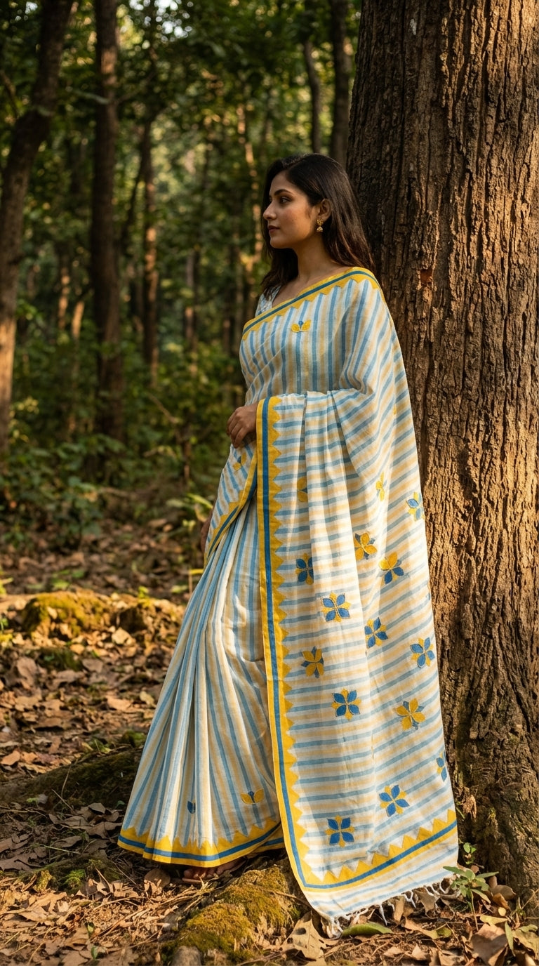 Woman in a white-blue-yellow-applique-saree, standing in a forest