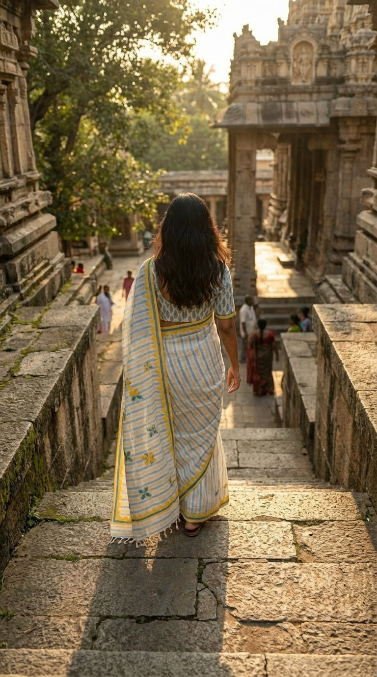 Woman in a white-blue-yellow-applique-saree, walking up stone steps at an ancient temple.