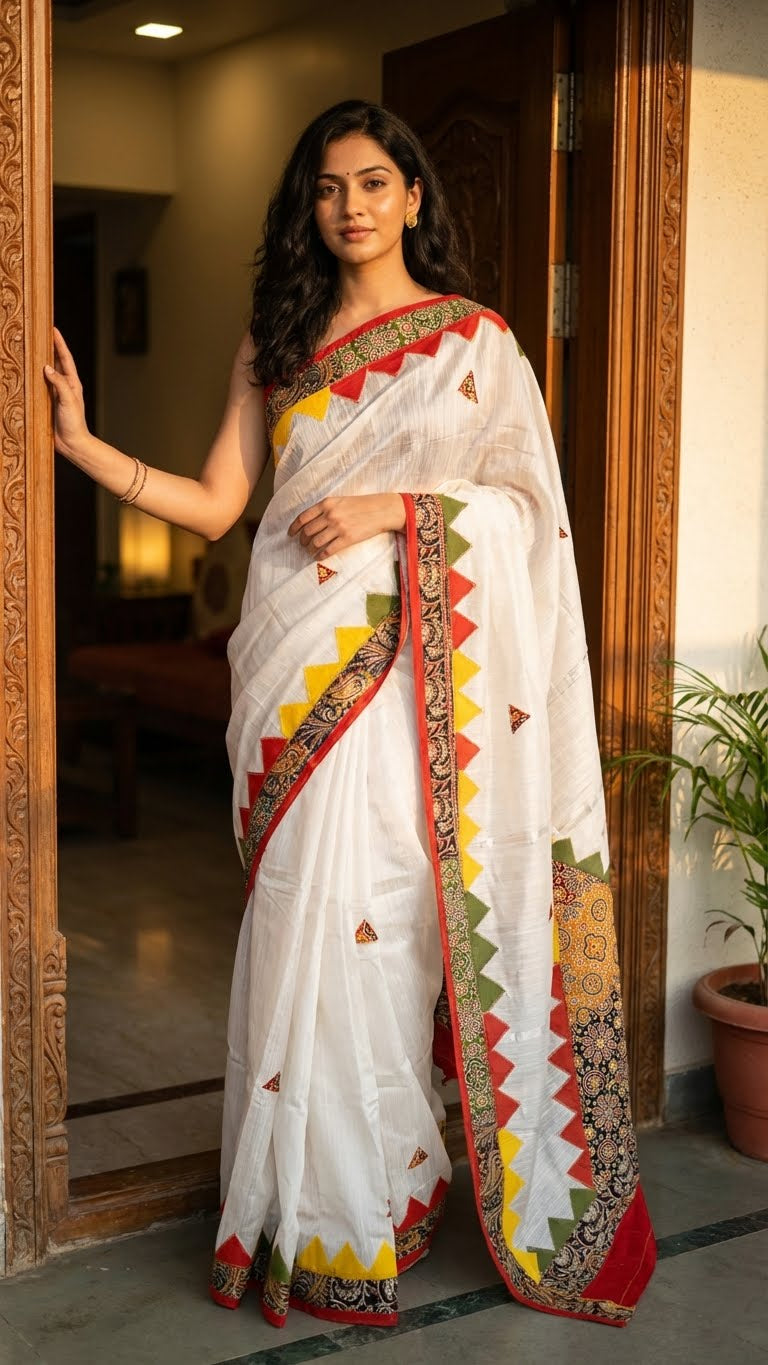 A lady wearing White cotton-linen saree with colorful red, green, and yellow triangle appliqué and printed borders standing at the entrance of her home.