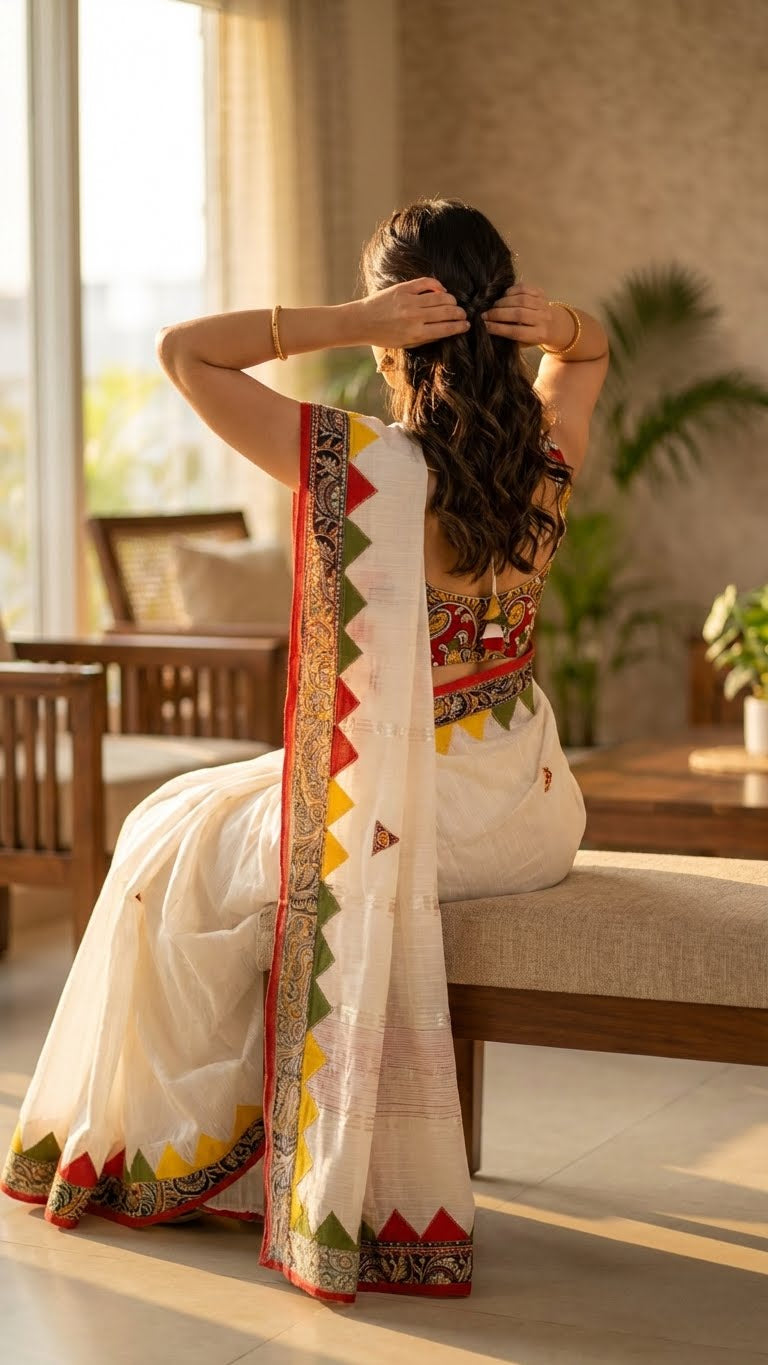 A lady wearing White cotton-linen saree with colorful red, green, and yellow triangle appliqué and printed borders sitting on a couch, back faced, and tying her hairs.
