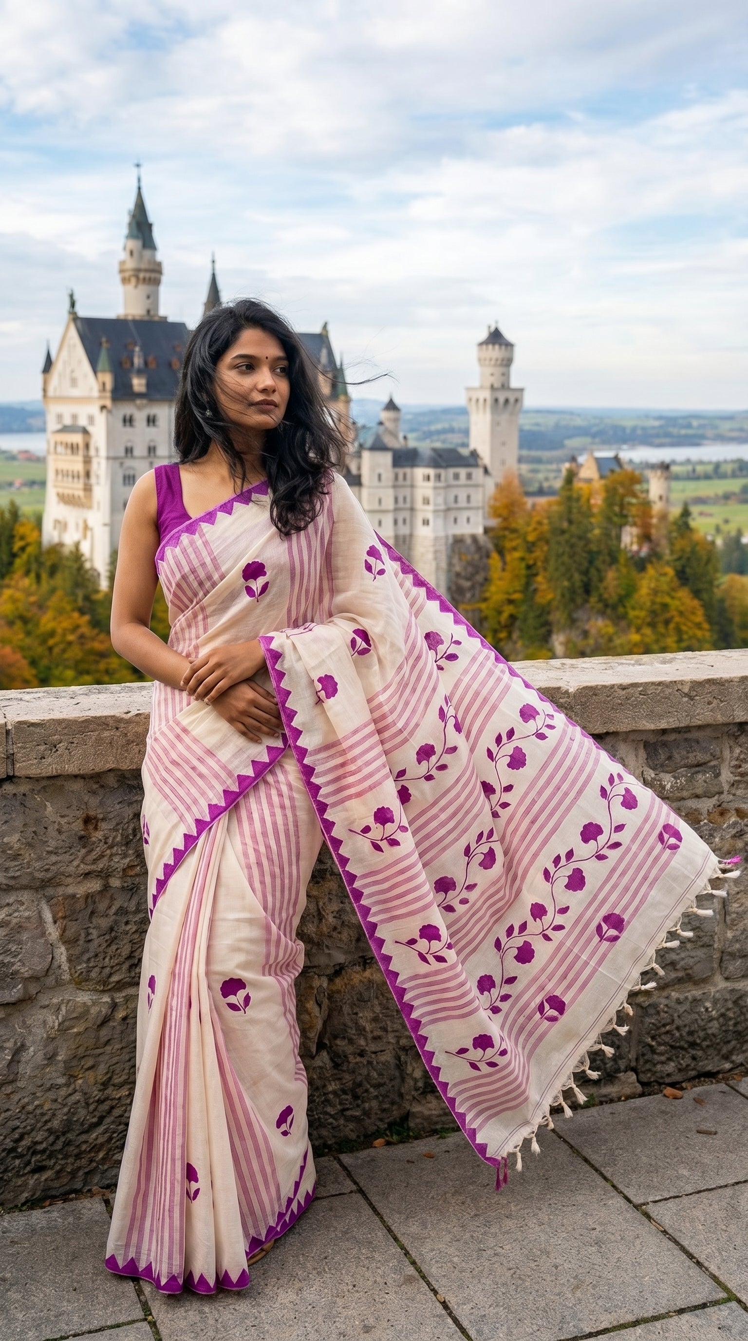 Woman in a white-cotton-saree-magenta-applique, standing in front of Neuschwanstein Castle.