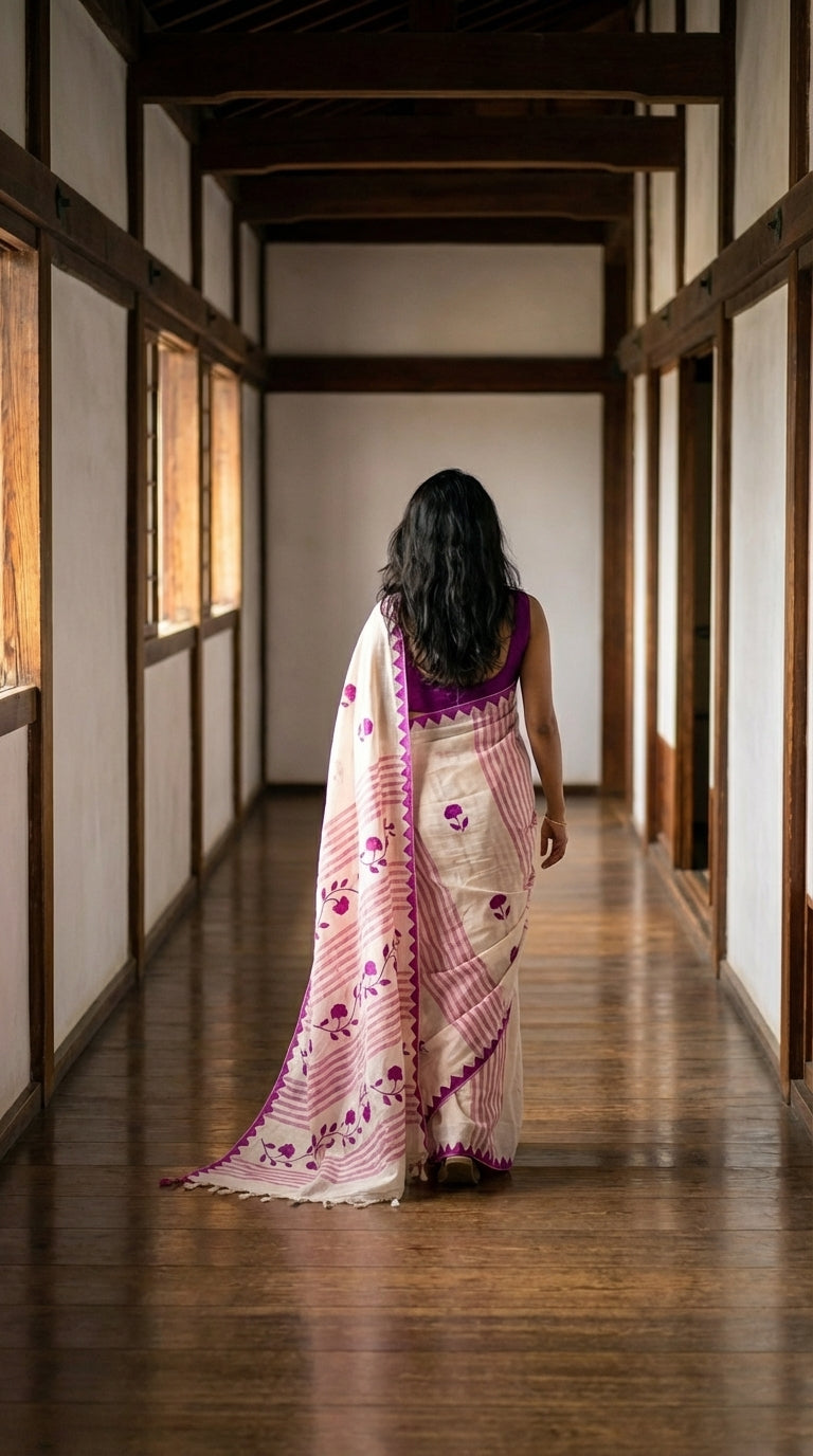 Woman in a white-cotton-saree-magenta-applique, walking through a long, narrow hallway with wooden floors and white walls.