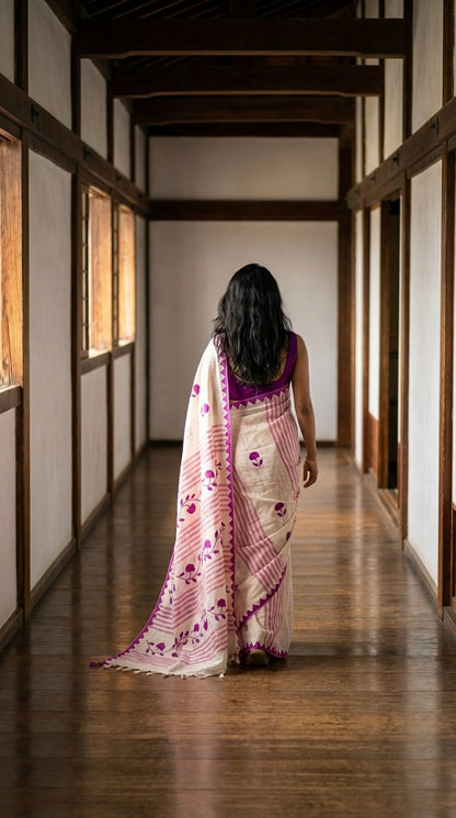 Woman in a white-cotton-saree-magenta-applique, walking through a long, narrow hallway with wooden floors and white walls.