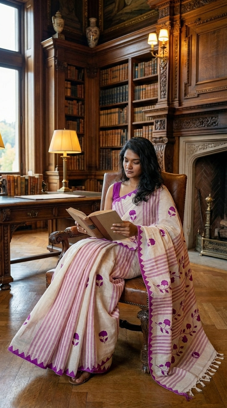 Woman in a white-cotton-saree-magenta-applique, reading a book in a library