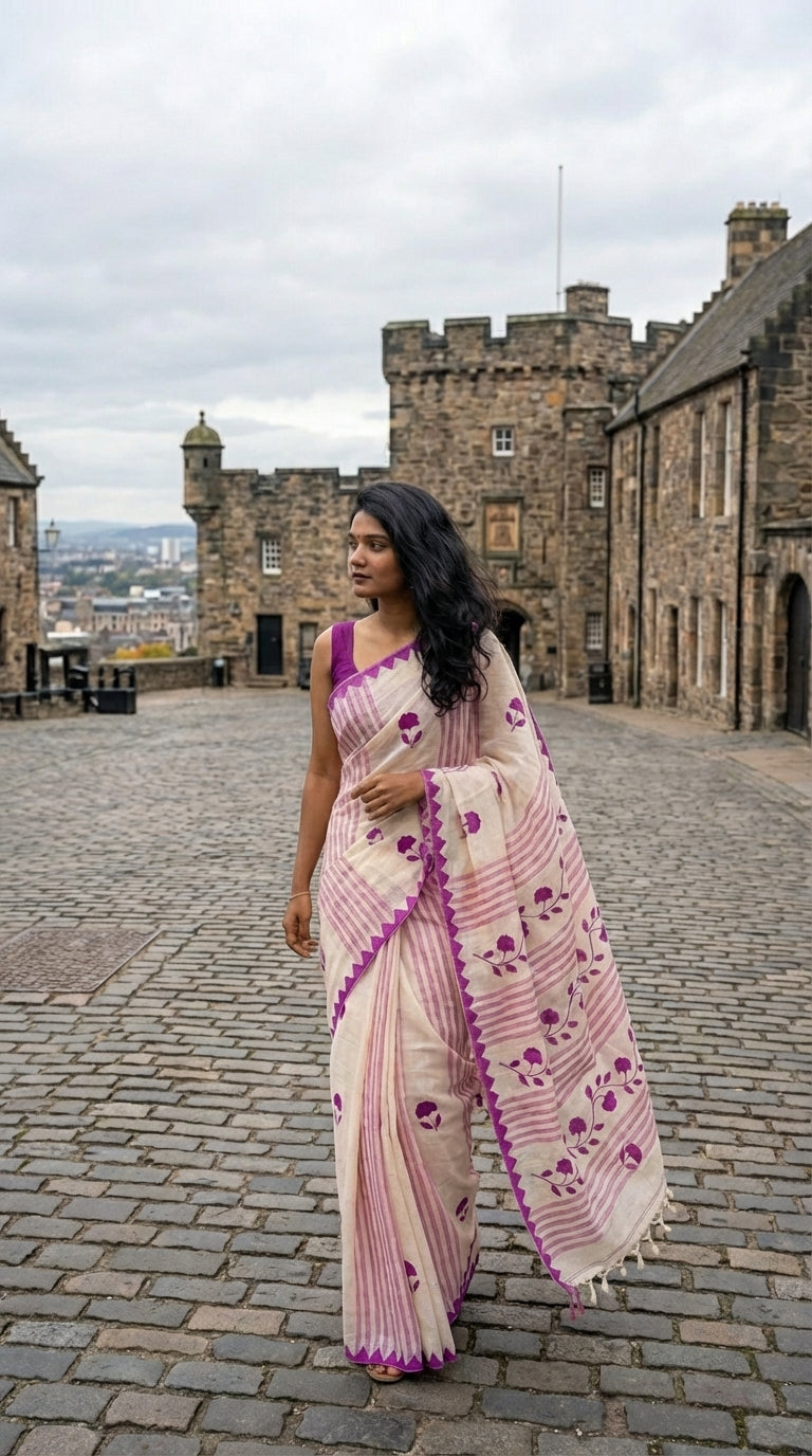 Woman in a white-cotton-saree-magenta-applique, with a castle in the background