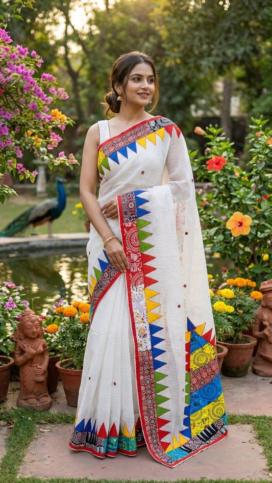 Woman in a white cotton saree with vibrant multi-color triangle appliqué and geometric printed borders standing in a garden with flowers and a peacock.