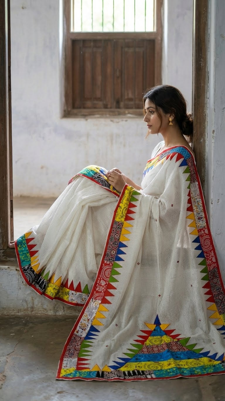 Woman in a white cotton saree with vibrant multi-color triangle appliqué and geometric printed borders with colorful patterns standing in a room with wooden doors.