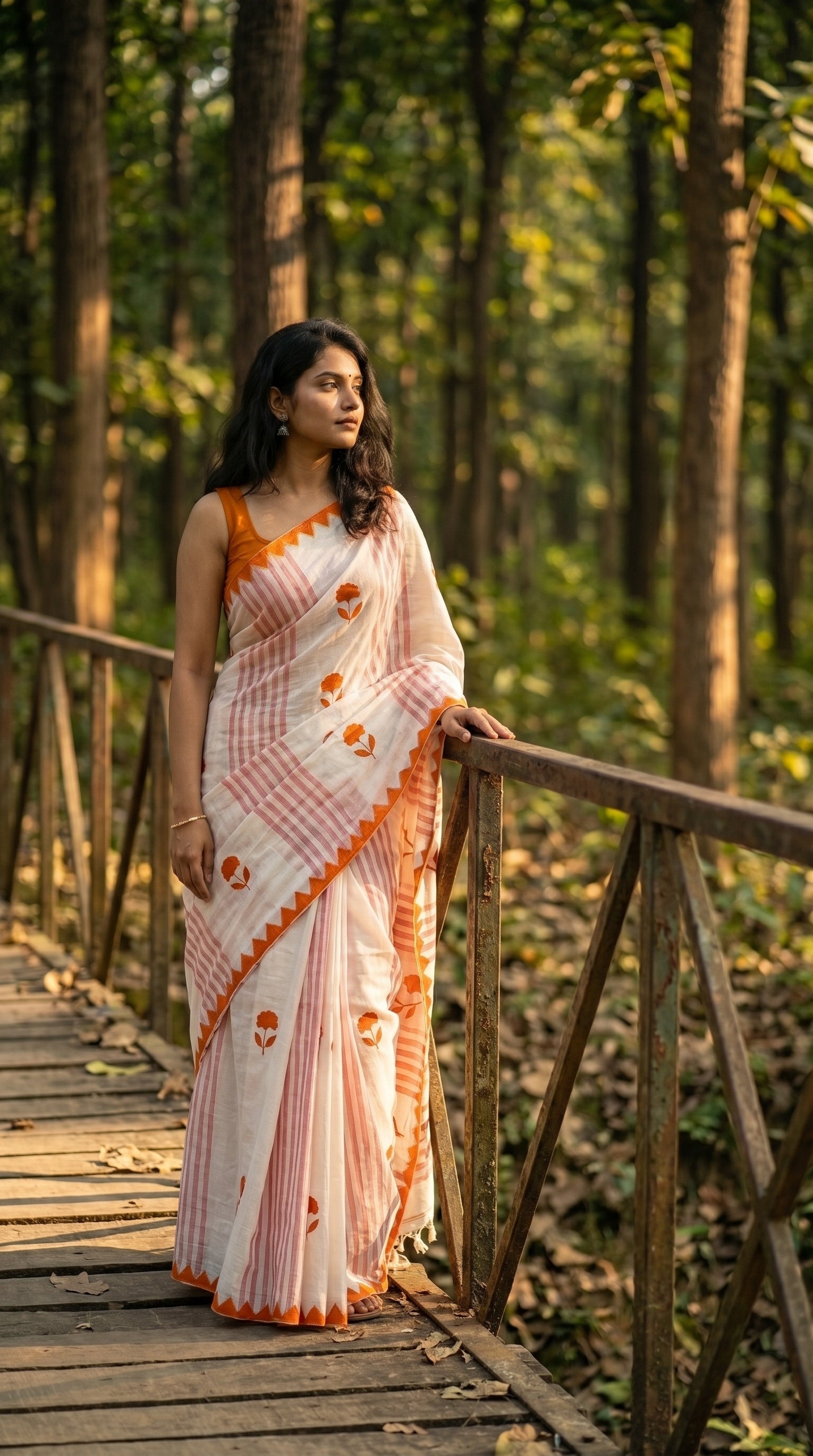 Woman in a white-cotton-saree-orange-applique, standing on a wooden bridge in a forest