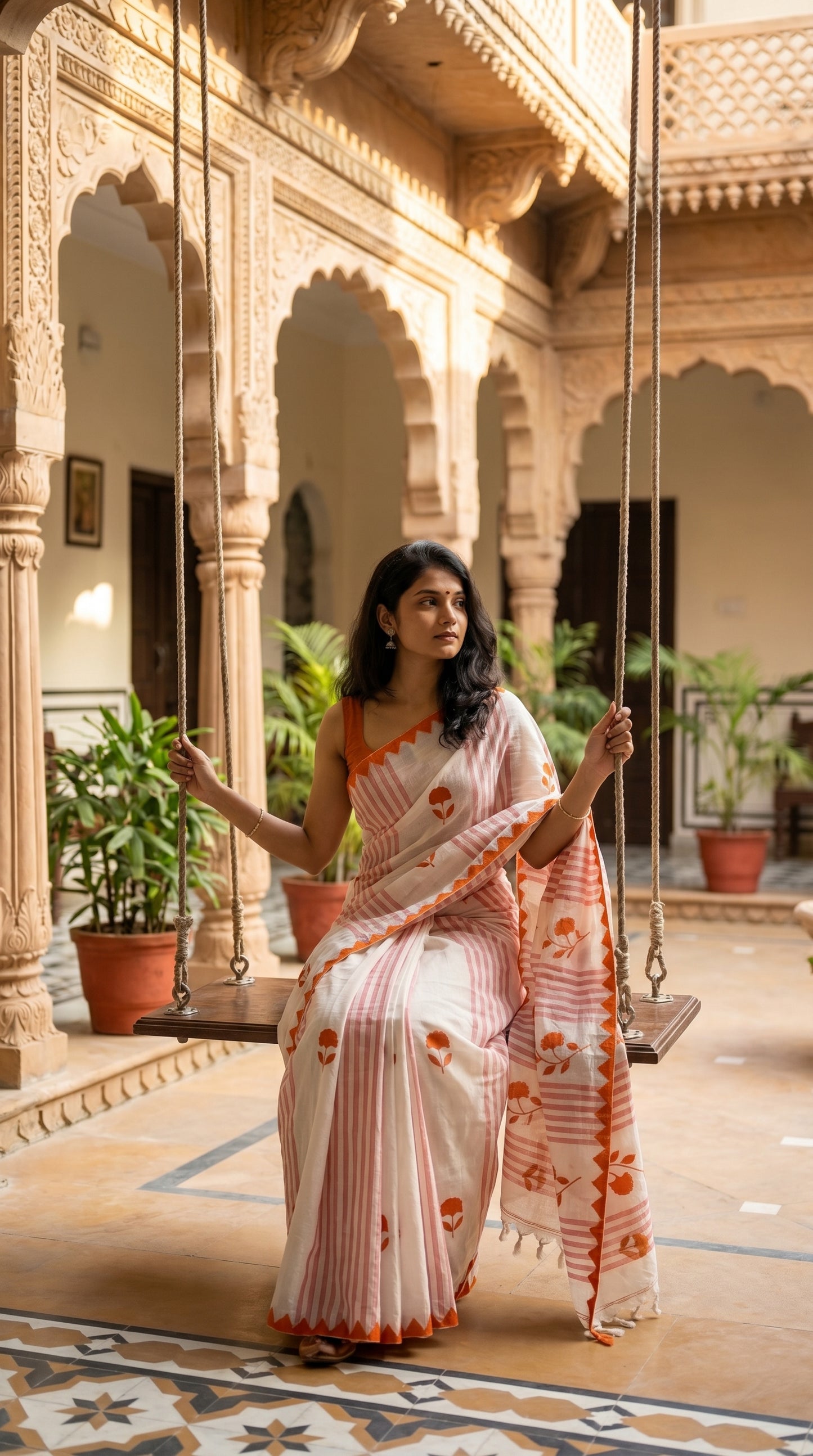 Woman in a white-cotton-saree-orange-applique, sitting on a swing in an ornate courtyard.