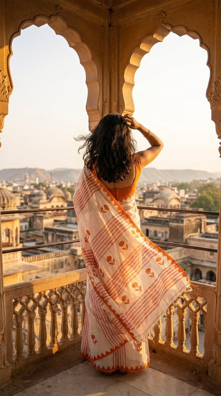 Woman in a white-cotton-saree-orange-applique, standing on a balcony overlooking a cityscape at sunset.