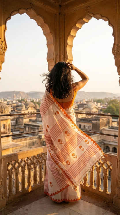 Woman in a white-cotton-saree-orange-applique, standing on a balcony overlooking a cityscape at sunset.