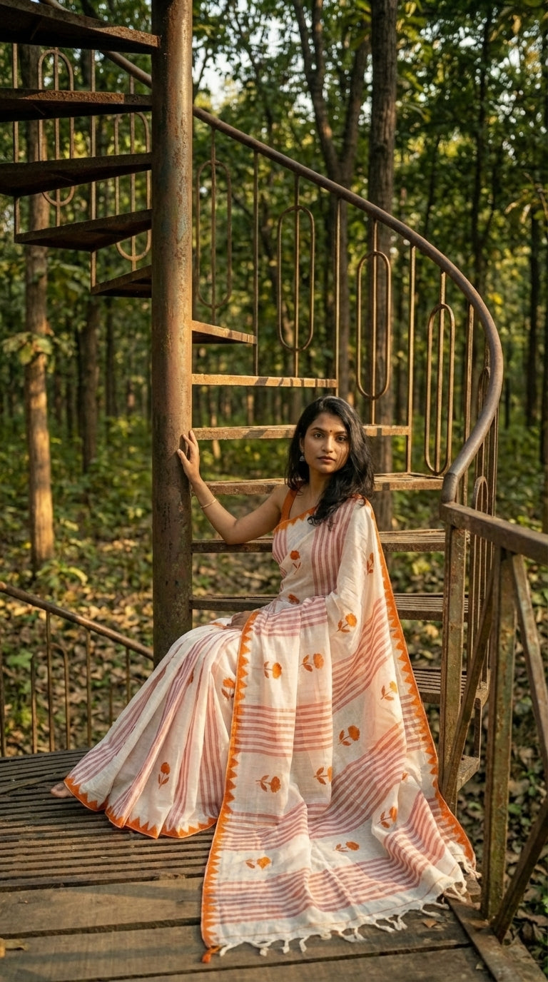 Woman in a white-cotton-saree-orange-applique, sitting on a spiral staircase in a forest.