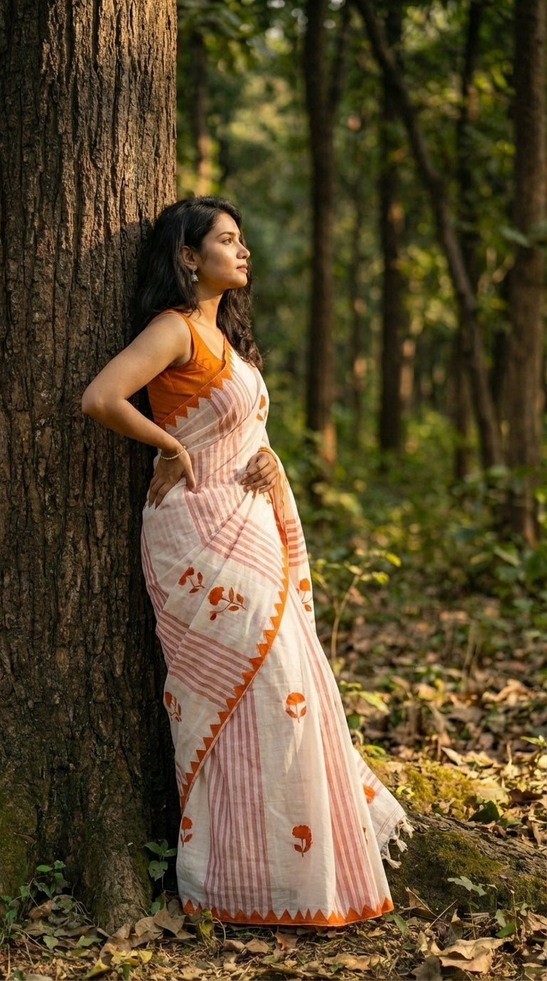 Woman in a white-cotton-saree-orange-applique, standing against a tree in a forest