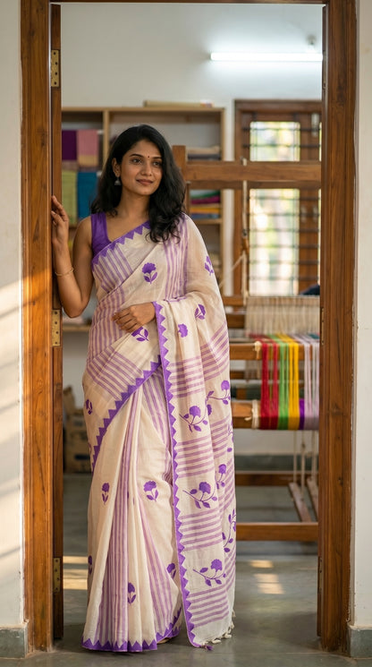 Woman in a white-cotton-saree-purple-applique, standing in a room with shelves and colorful fabrics.