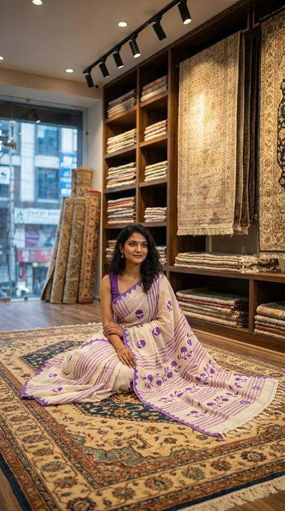 Woman in a white-cotton-saree-purple-applique, sitting on a patterned rug in a store with shelves of fabric.