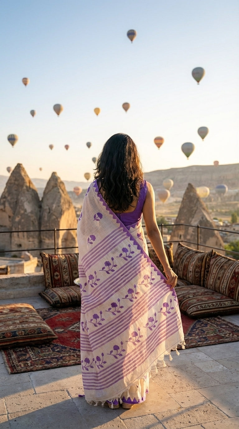 Woman in a white-cotton-saree-purple-applique, standing on a rooftop with hot air balloons in the background