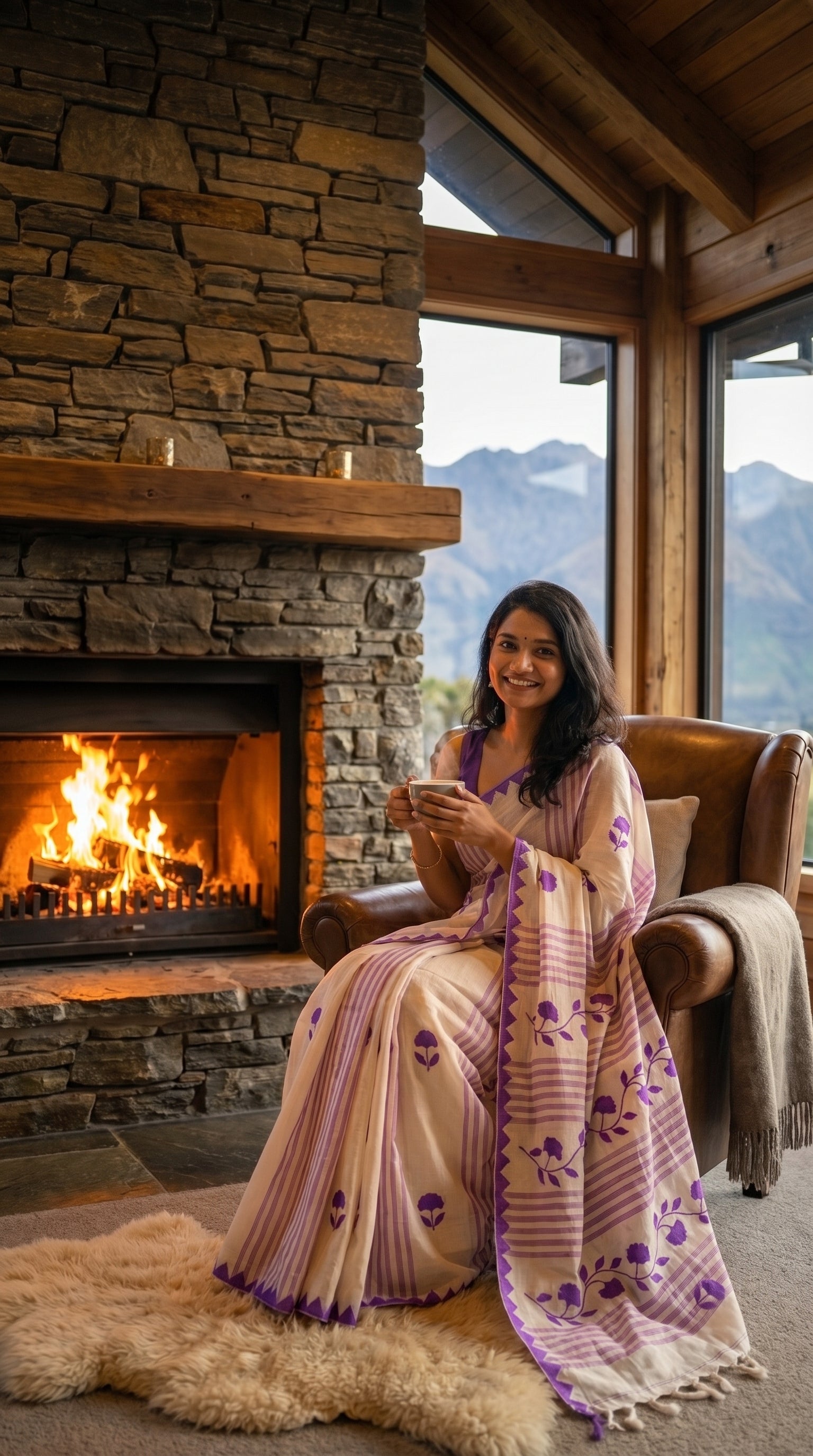 Woman in a white-cotton-saree-purple-applique, sitting in a cozy living room with a fireplace and mountain view.
