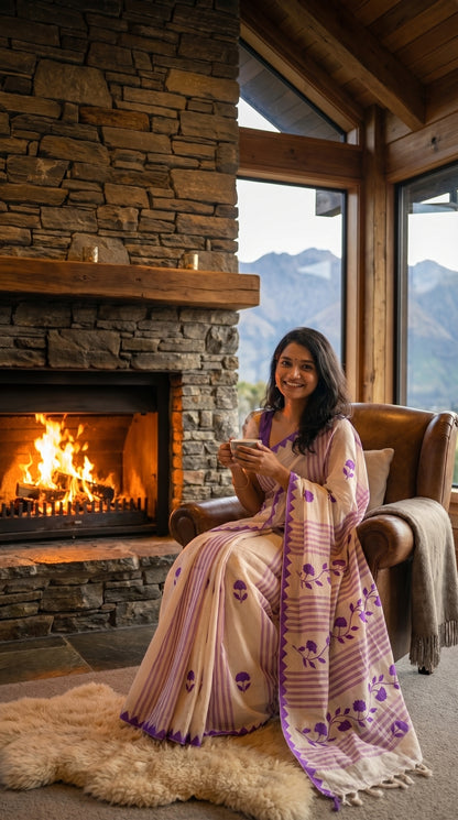 Woman in a white-cotton-saree-purple-applique, sitting in a cozy living room with a fireplace and mountain view.