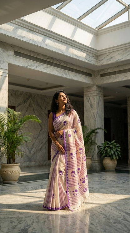 Woman in a white-cotton-saree-purple-applique, standing in a sunlit indoor setting with marble columns and plants.