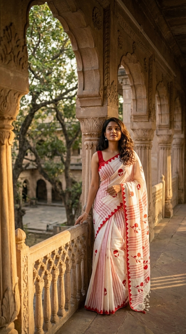 Woman in a white-cotton-saree-red-applique, standing in an architectural setting.