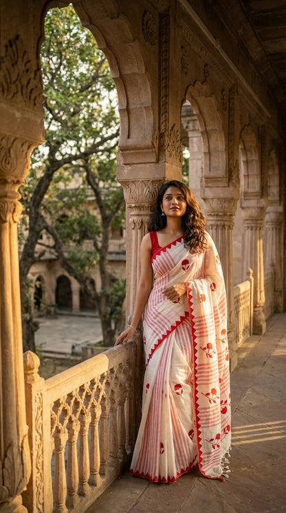 Woman in a white-cotton-saree-red-applique, standing in an architectural setting.