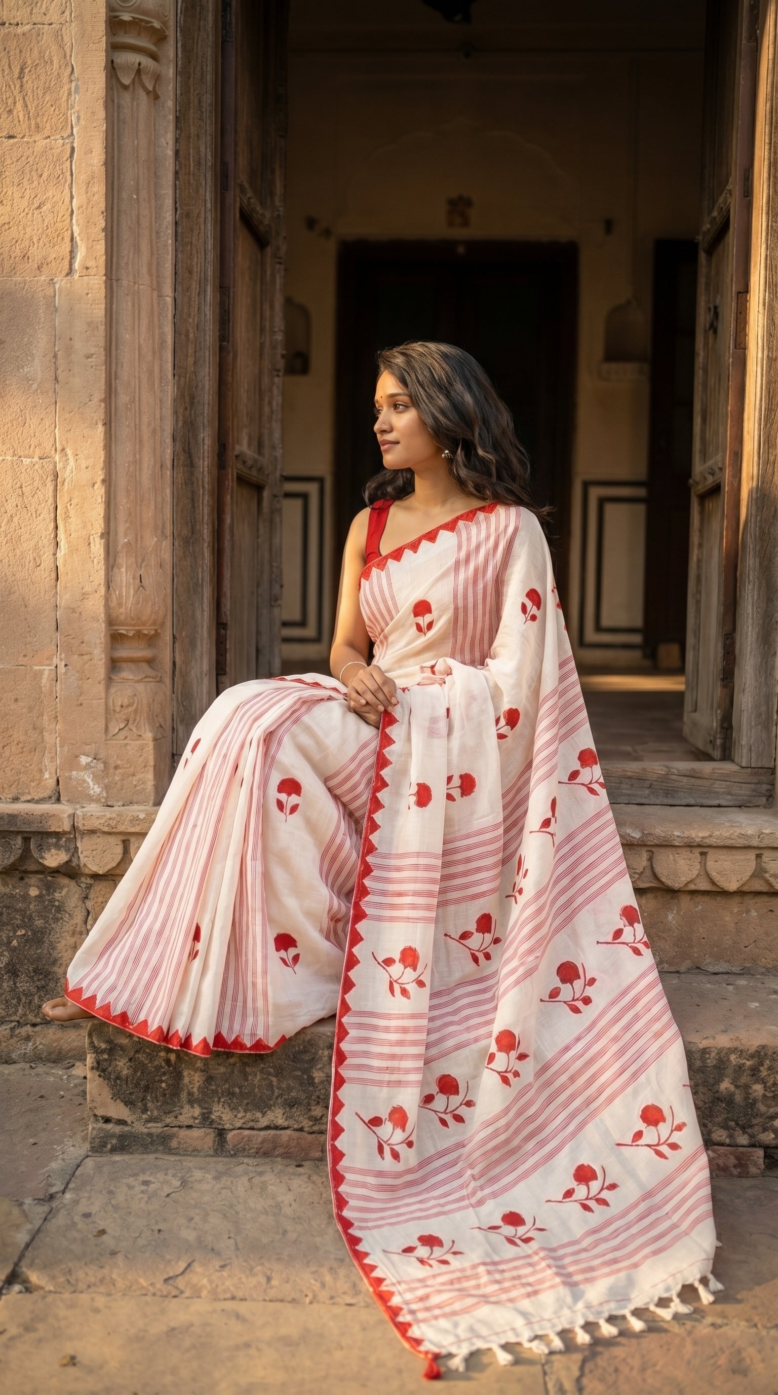Woman in a white-cotton-saree-red-applique, standing in front of stone architecture.