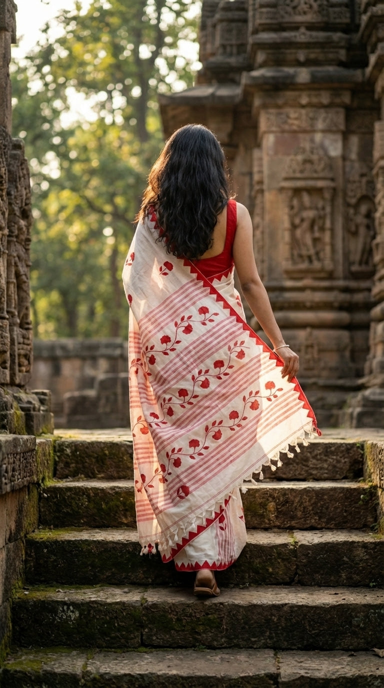 Woman in a white-cotton-saree-red-applique, walking up stone steps in front of an ancient temple.