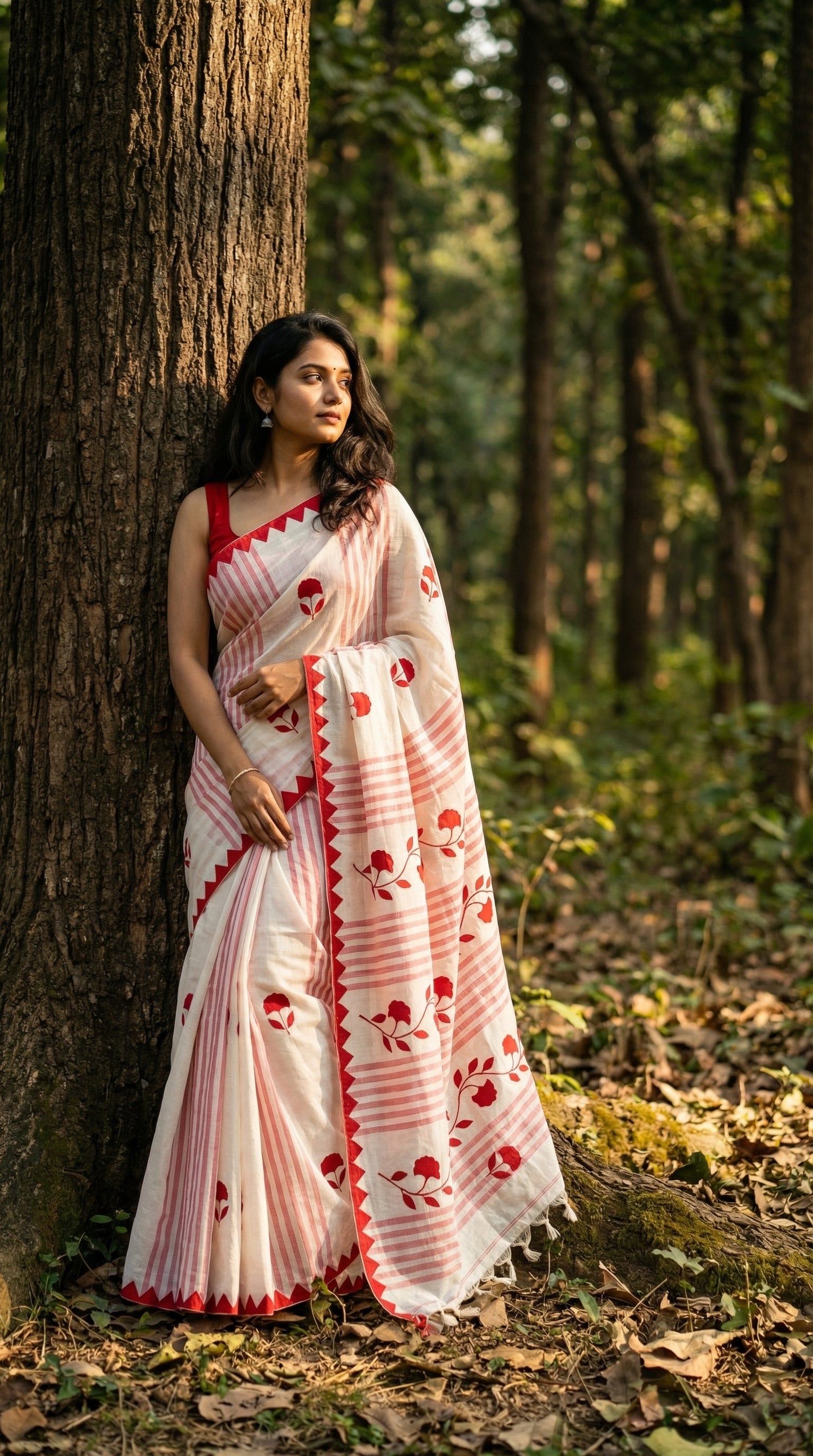 Woman in a white-cotton-saree-red-applique, standing in a forest