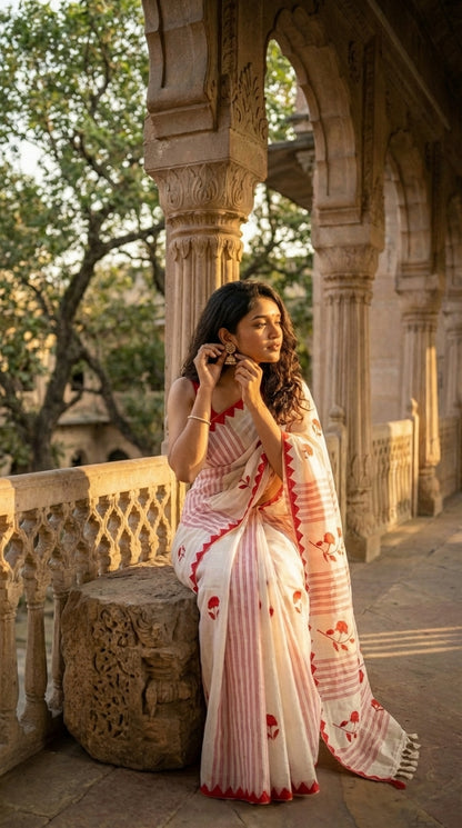 Woman in a white-cotton-saree-red-applique, standing in an architectural setting.