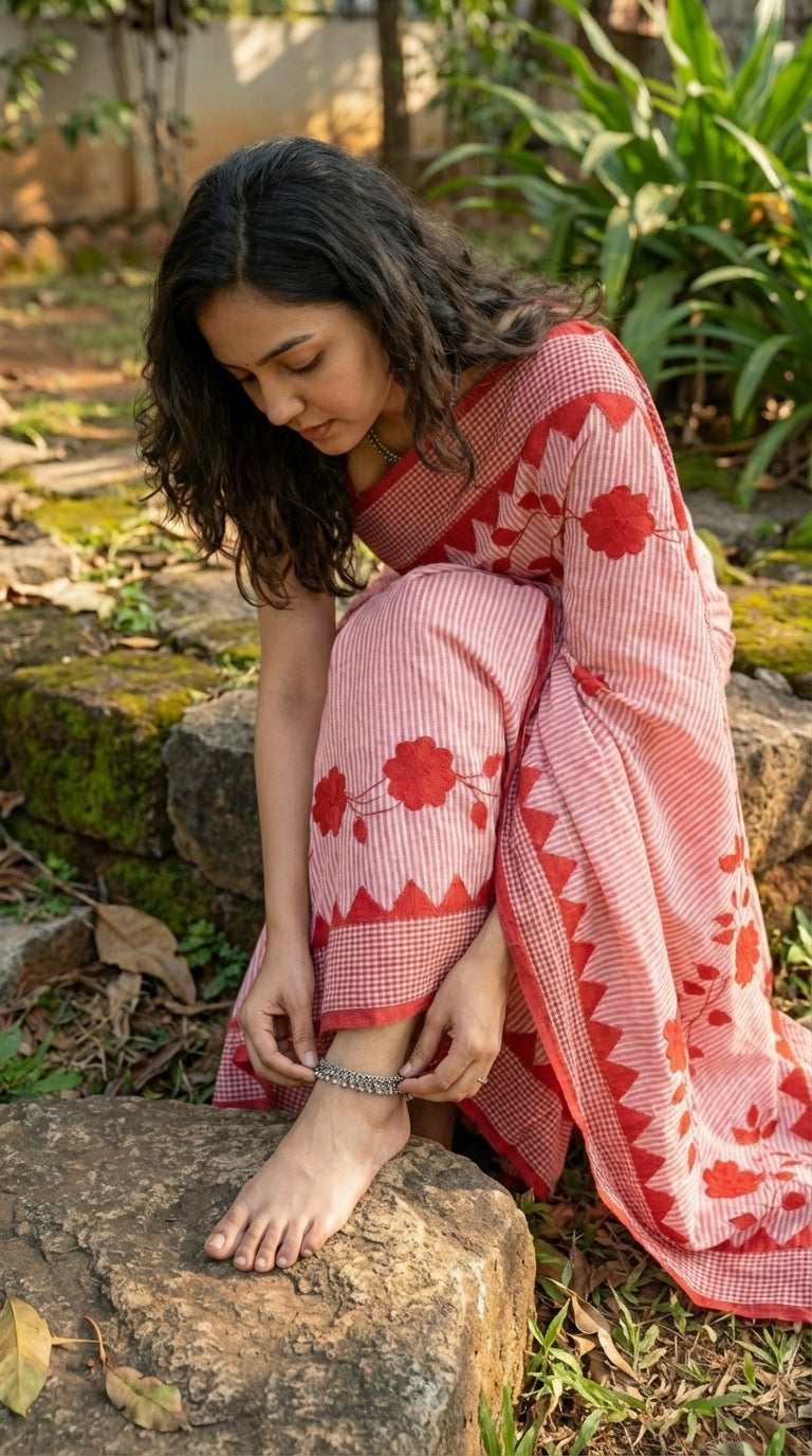 Woman in a white-floral-cotton-applique-saree, sitting on a rock in a natural setting