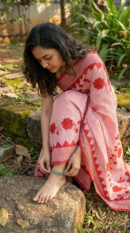 Woman in a white-floral-cotton-applique-saree, sitting on a rock in a natural setting