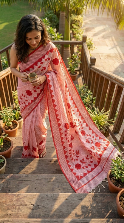 Woman in a white-floral-cotton-applique-saree, standing on a wooden deck with plants around.