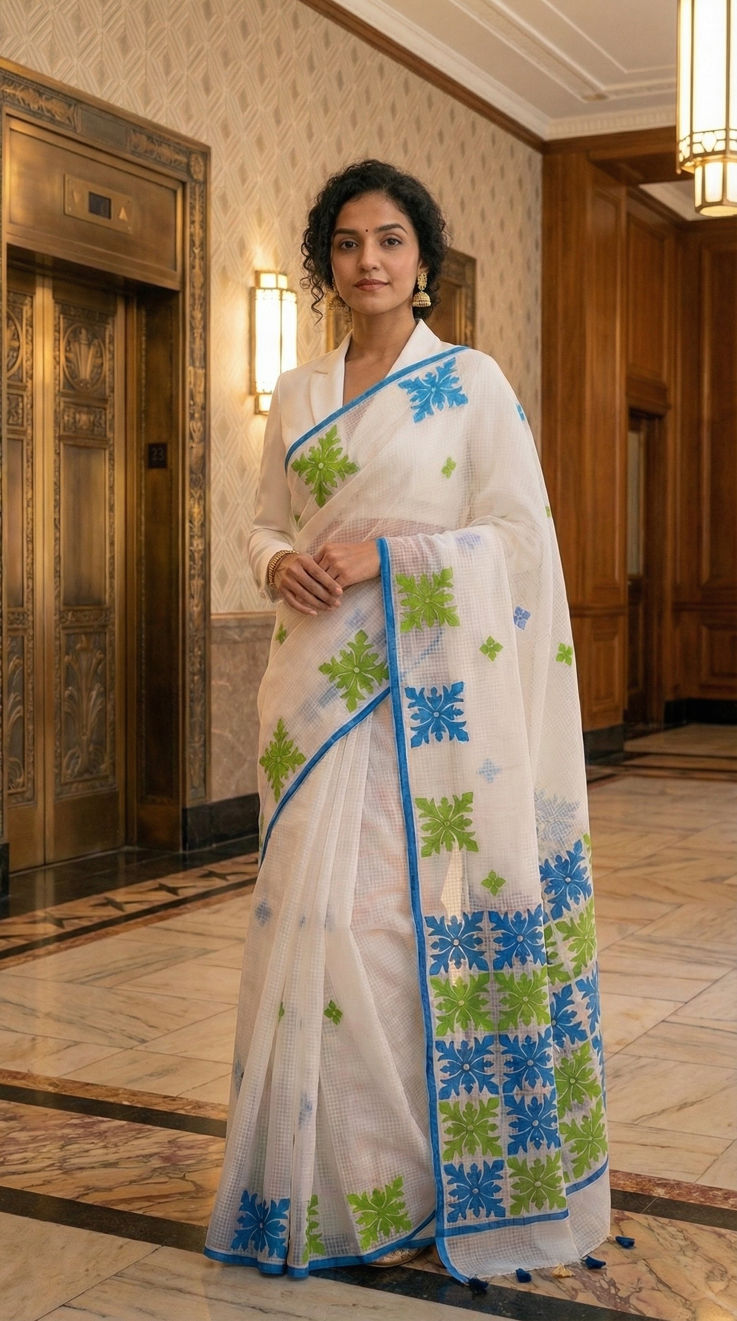 Woman in a white-green-blue-applique-kota-saree, in an indoor setting.