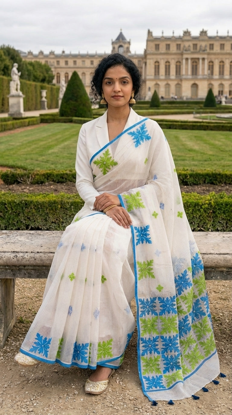 Woman in a white-green-blue-applique-kota-saree, sitting in front of Versailles Palace.