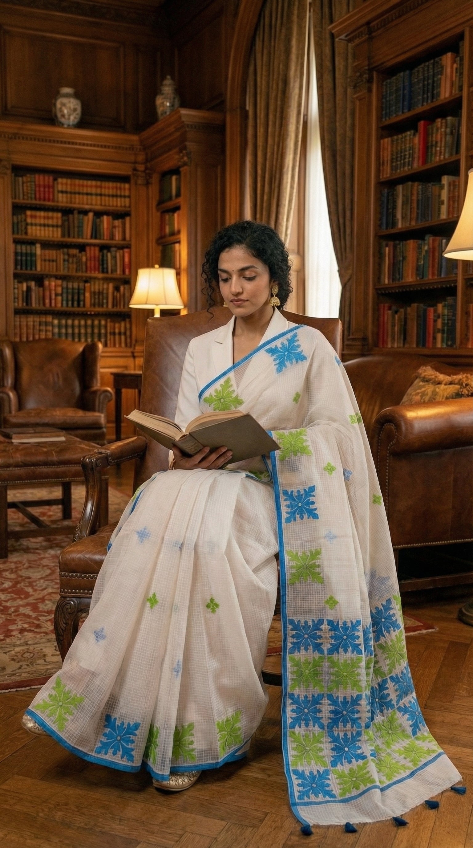 Woman in a white-green-blue-applique-kota-saree, reading a book in a library.