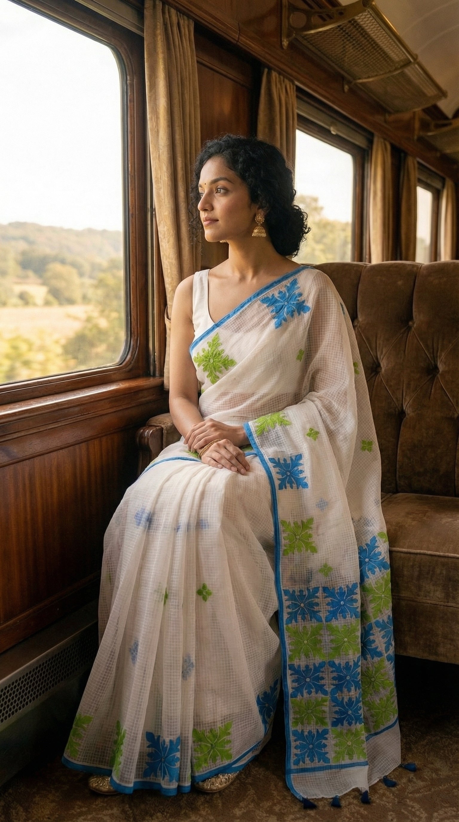 Woman in a white-green-blue-applique-kota-saree, sitting on a train.