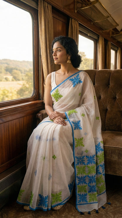 Woman in a white-green-blue-applique-kota-saree, sitting on a train.