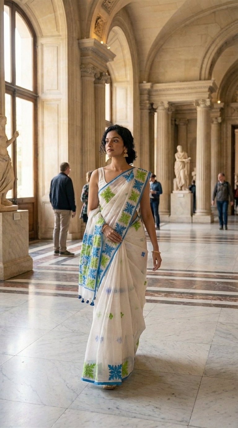 Woman in a white-green-blue-applique-kota-saree, standing in a grand hall with statues.