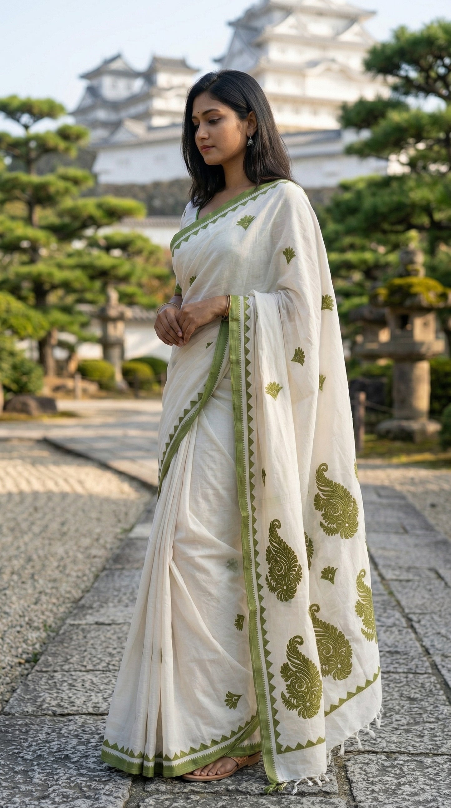 Woman in a white-green-cotton-linen-saree, standing in a garden.