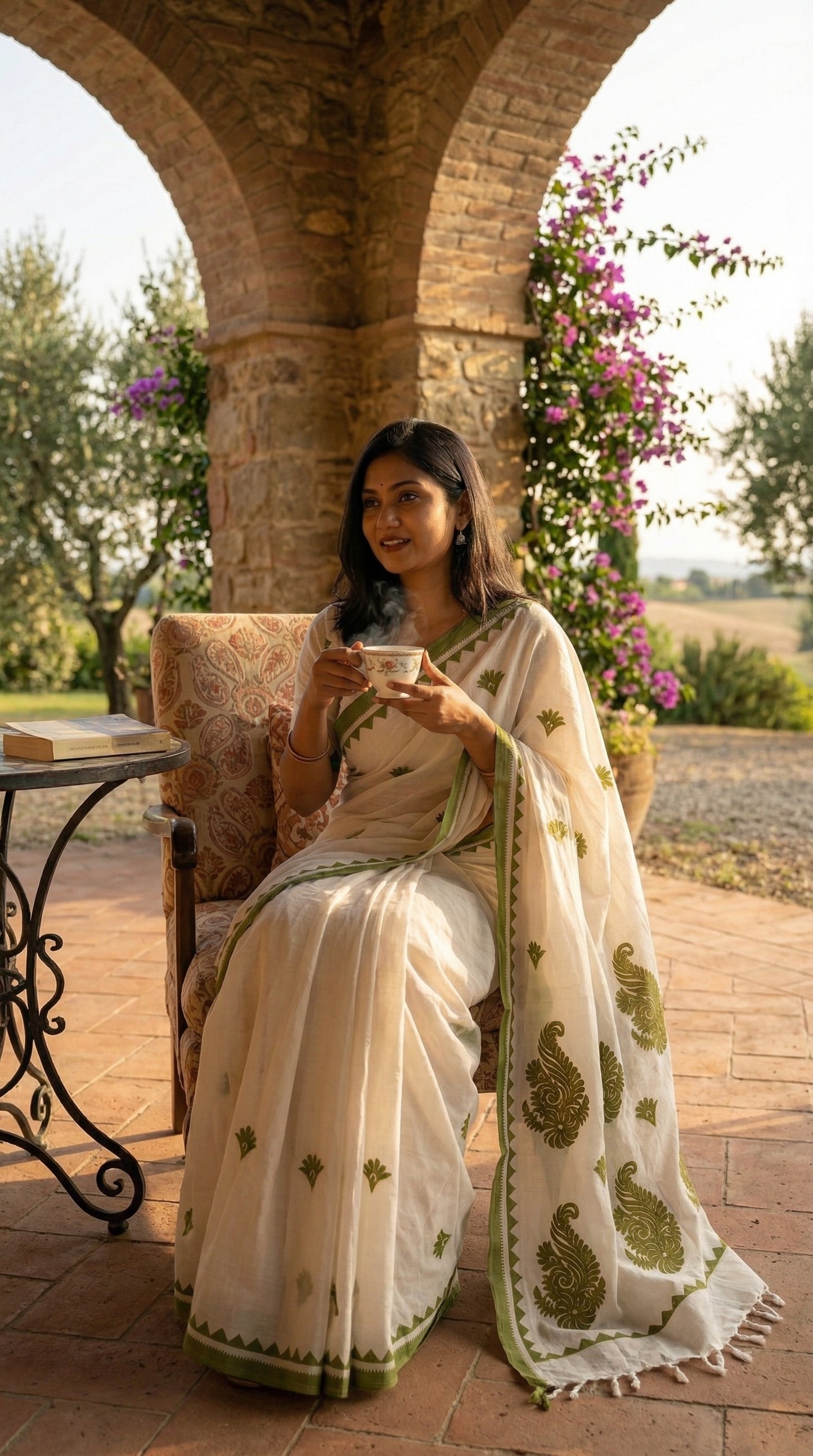 Woman in a white-green-cotton-linen-saree, sitting outdoors near a stone archway.