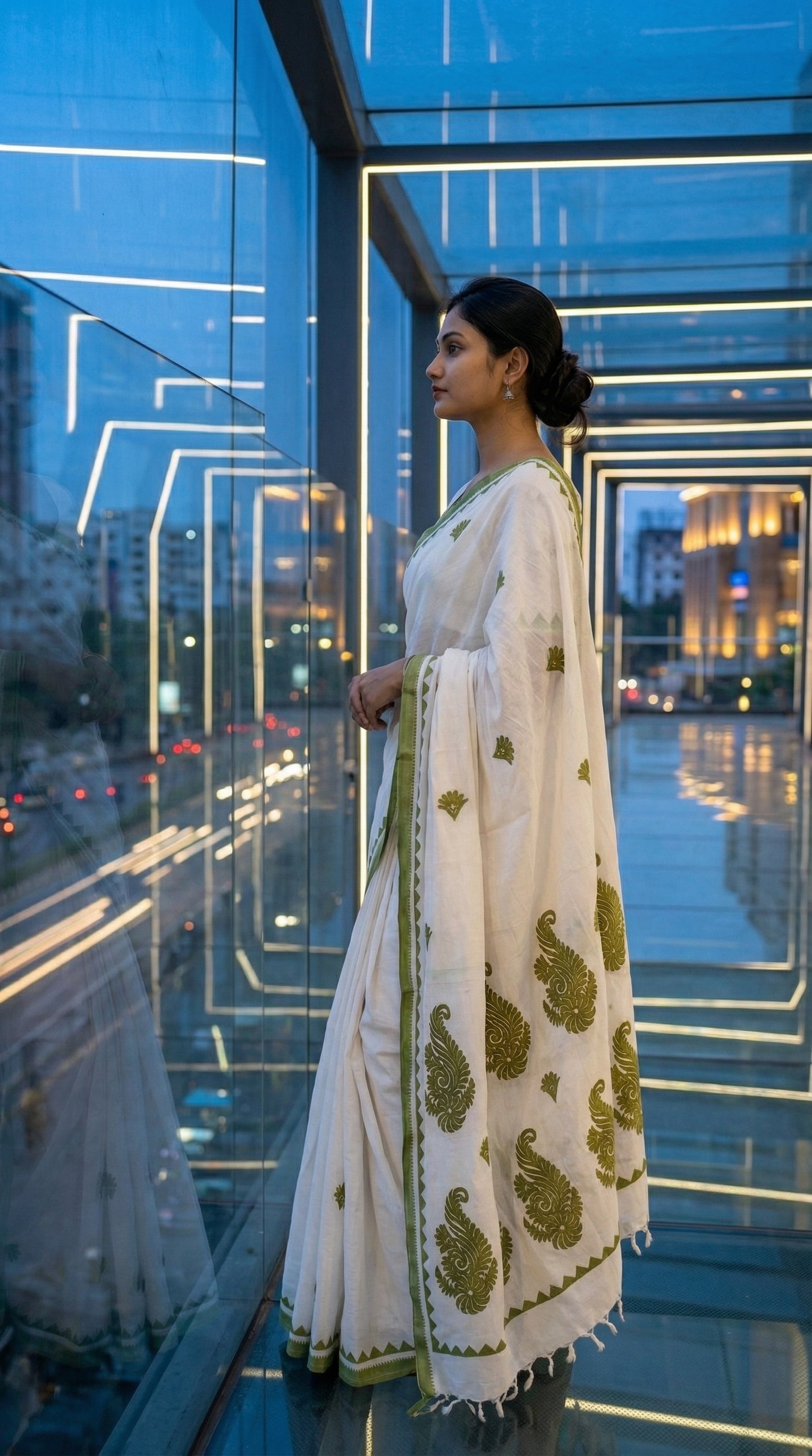 Woman in a white-green-cotton-linen-saree, standing in front of a glass wall with reflections.