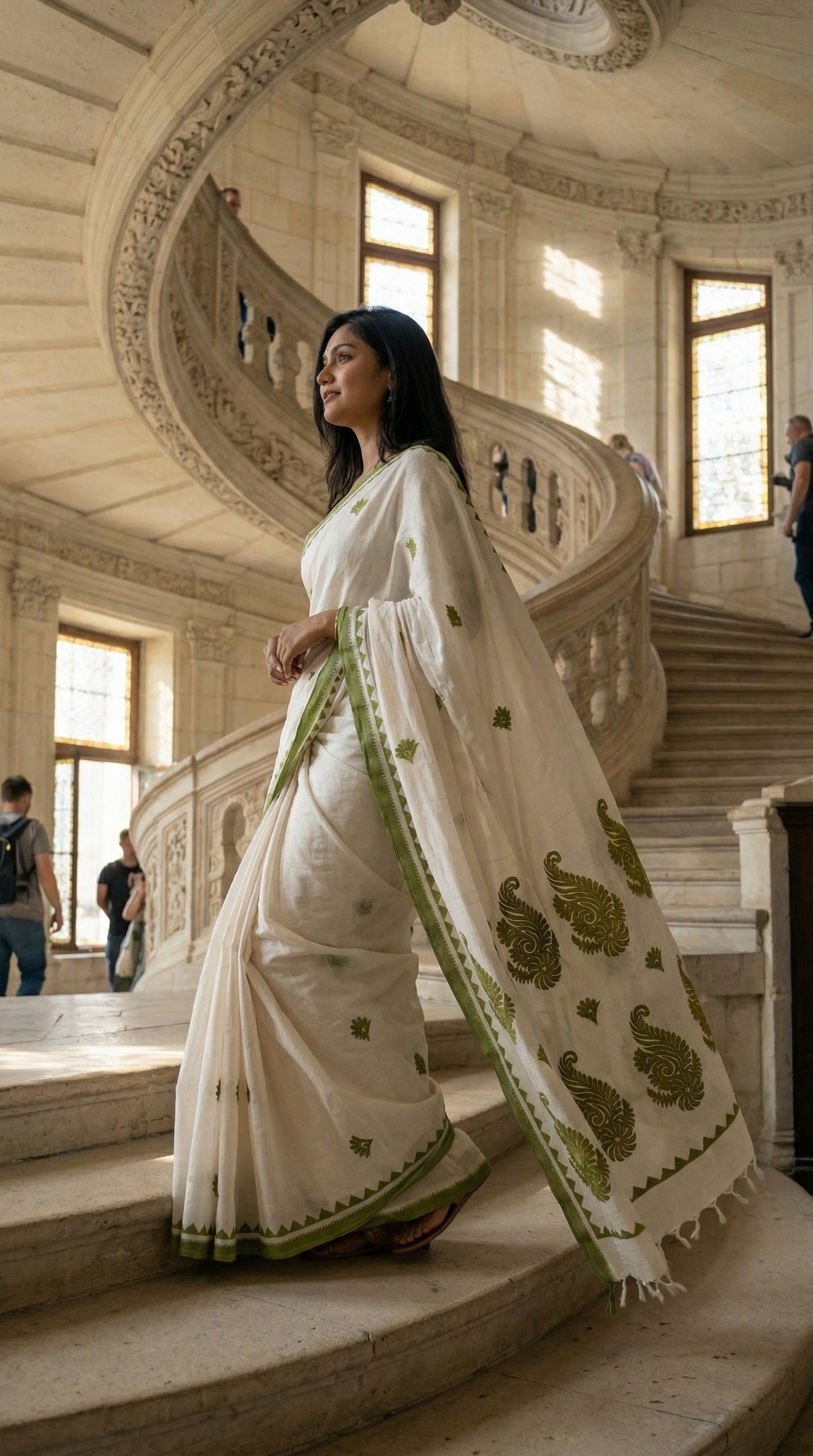 Woman in a white-green-cotton-linen-saree, standing on a staircase in an elegant building.